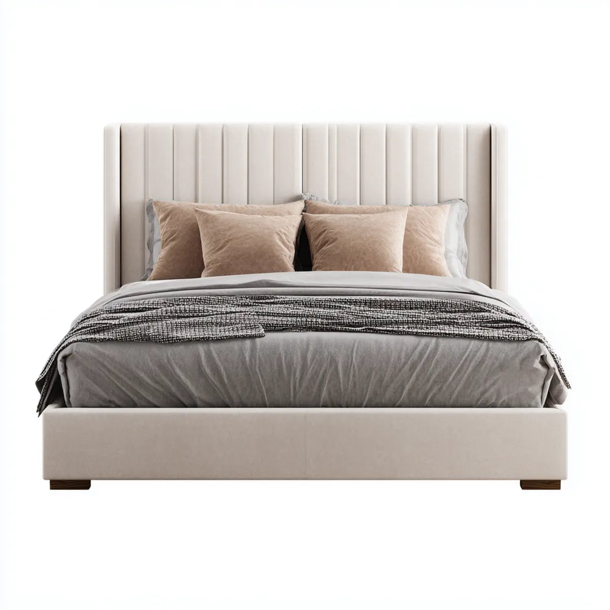Letto matrimoniale imbottito beige 160 x 200 cm in poliestere con testiera rettangolare a pannelli verticali