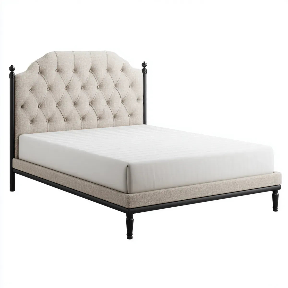 Letto matrimoniale imbottito beige e nero 160 x 200 cm in poliestere e legno massello con testiera capitonné