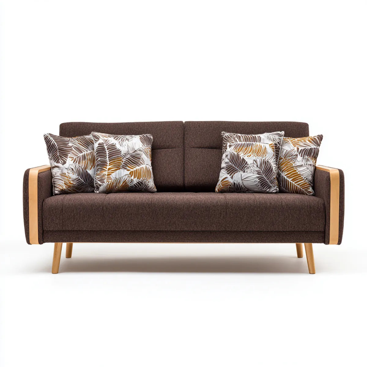 Divano 3 posti marrone 210 x 85 x 88 cm in poliestere e legno massello rettangolare con 4 cuscini