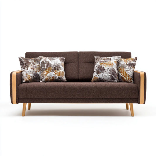 Divano 3 posti marrone 210 x 85 x 88 cm in poliestere e legno massello rettangolare con 4 cuscini