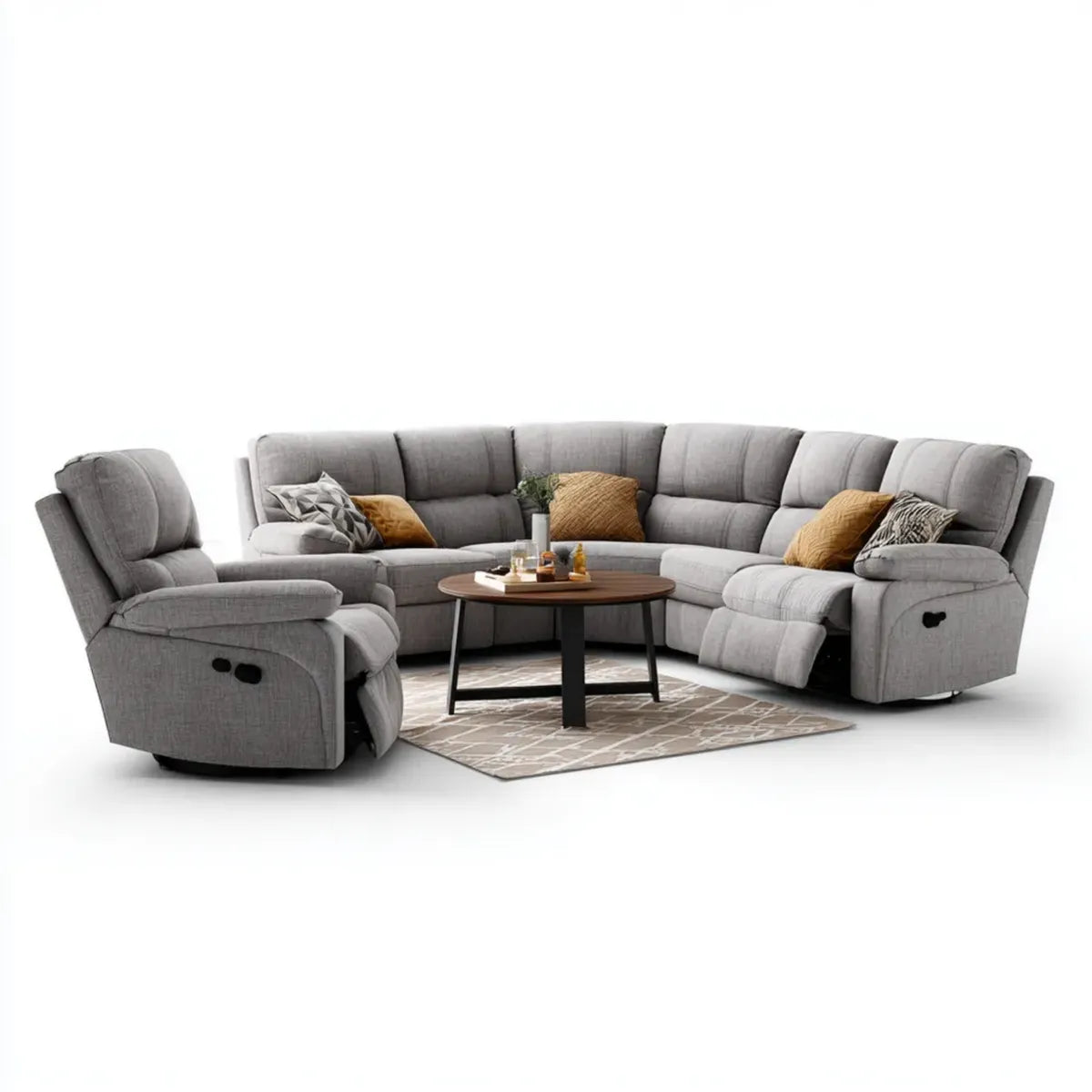 Set divano angolare reclinabile con poltrona grigio in poliestere 300 x 230 x 100 cm